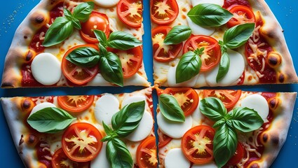 Fototapeta premium A freshly prepared vegetarian pizza seen from above on a blue backdrop, topped with tomato, mozzarella, and basil, creating a tasty and colorful dish ready to be served and savored