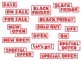 チラシやポスターに最適な英語のSALE、OPENかすれたスタンプセット