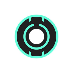 Abstract circular design with a black center ring and turquoise outline and cutouts at the top and bottom