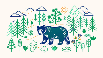 A stylized bear stands against a forest landscape. The bear is surrounded by a coniferous or mixed forest: trees, bushes, mushrooms and grass. Suitable for children's books, environmental projects. Ch