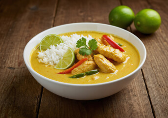Spicy Thai Curry with Chicken, Rice, and Lime against a Wooden Background