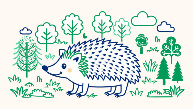 Vector illustration of a hedgehog in a forest clearing. Single line drawing. Outline drawing. Nature conservation idea. Protecting forests from fires, environment and wild animals. Forest landscape.