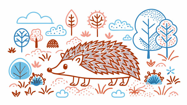 Vector illustration of a hedgehog in a forest clearing. Single line drawing. Outline drawing. Nature conservation idea. Protecting forests from fires, environment and wild animals. Forest landscape.