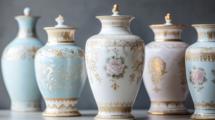 Beautiful gold and white porcelain vase row  on a pastel background.