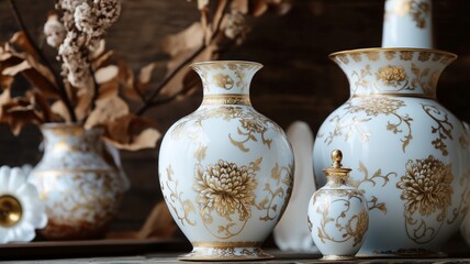Beautiful gold and white porcelain vase row  on a pastel background.
