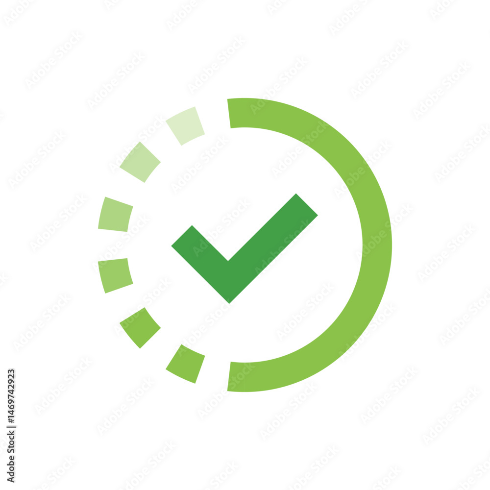 Poster green check mark inside a circular progress indicator with segmented blocks showing completion statu