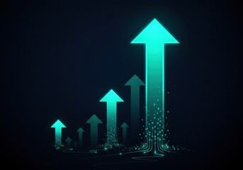 Illustration of upward pointing arrows with light trails on a dark background, symbolizing growth, progress, positive trends, and business success.