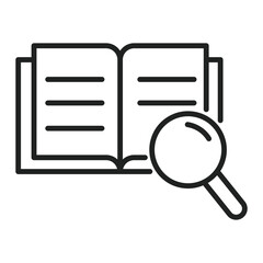 Open book with magnifying glass shows research or looking into information in the pages, learning or discovering new things.