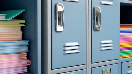 Stack of colorful notebooks and binders inside blue metal lockers in school hallway storage area, education supplies, back to school organization concept.