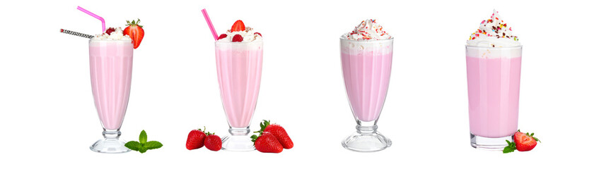 Strawberry Milkshake Collection Delicious Pink Drink Isolated Transparent Background