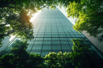 A glass skyscraper facade beautifully reflects the lush green trees surrounding it.