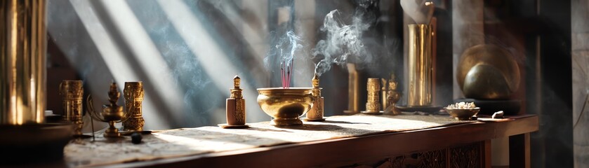 Ancient altar with incense and artifacts.
