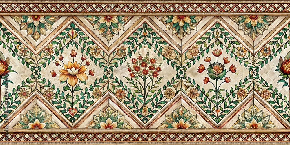 Aufkleber Intricate Floral Design with Geometric Pattern and Ornate Border on Cream Background