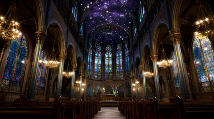 Interior of gothic church with stained glass and starlit sky