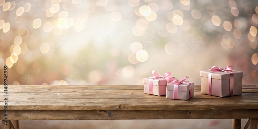 Poster rustic wooden table displaying delicate pink gift boxes with pastel ribbons against a soft bokeh bac
