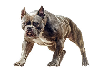 Powerful American Bully: A muscular American Bully dog stands alert, showcasing its powerful physique and intense gaze.  Its short coat and broad chest are highlighted against a clean background.