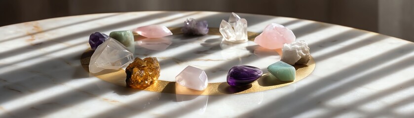 Assorted colorful crystals arranged on a table.