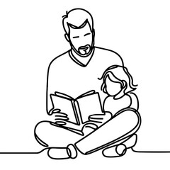 Daddy reads a book to his daughter, vector, black line drawing, minimalistic, single line, simple line, isolated, transparent background 