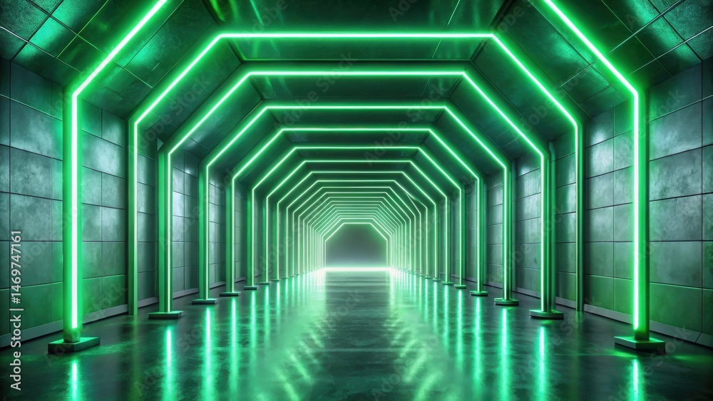 Poster illuminated passageway a futuristic corridor with bright green neon lights reflecting on a polished 