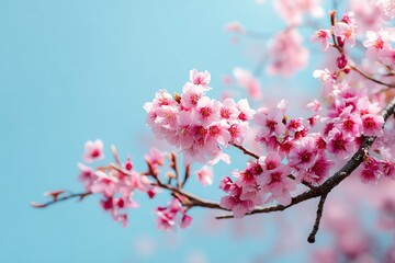 Obraz premium Blooming cherry blossom branch against blue sky.