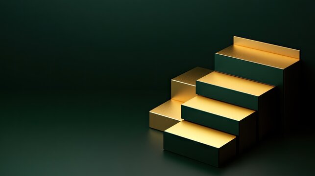Geometric gold steps on a dark backdrop.