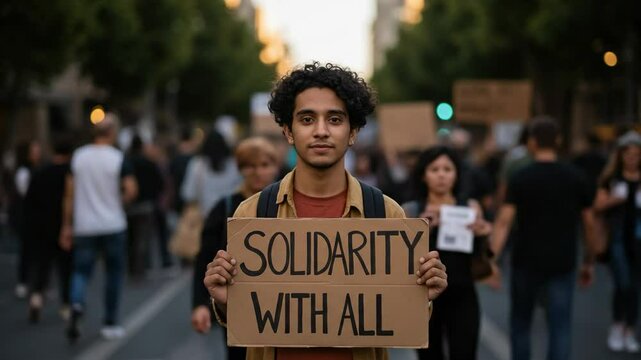 A Young Hispanic Male Activist at a Peaceful Protest Demonstrating Solidarity with All People in a Crowded Urban Environment