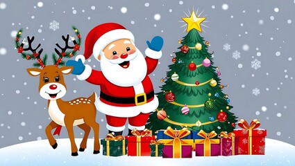 Christmas santa claus with smiling reindeer and decorated christmas tree with colorful presents in winter snow background perfect for festive greeting cards children&rsquo;s holiday ads and artwork