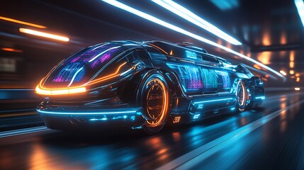 Fototapeta premium Futuristic vehicle in a neon-lit tunnel