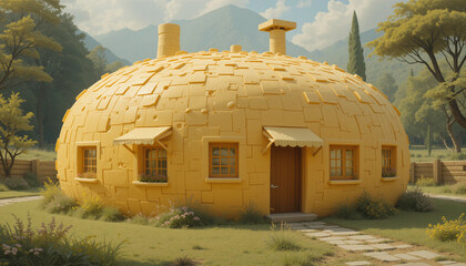 Unique Dwelling Amidst Nature: A captivating image showcases a whimsical, uniquely designed dwelling with a rounded, yellow exterior, harmoniously nestled amidst a picturesque natural landscape.