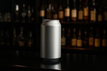 Obraz premium Aluminum can standing on bar counter with blurred alcohol bottles in background