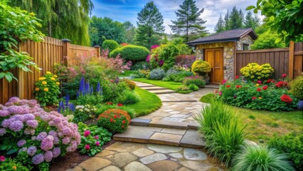 Fototapeta premium A Picturesque Garden Path Meandering Through Vibrant Blooms and Lush Greenery, Leading to a Stone Structure with Wooden Doors