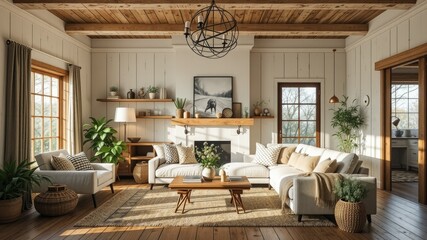 Fototapeta premium Farmhouse Living Room Design with Wooden Accents and Soft Lighting