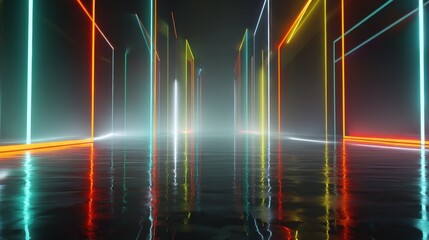 Abstract futuristic background. Night scene with neon, light reflection on floor.
