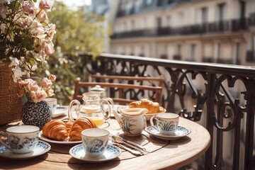 Charming balcony breakfast with pastries and tea.