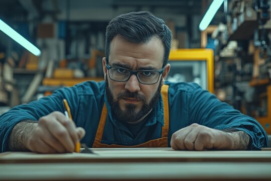 Focused craftsman marking wood in workshop.