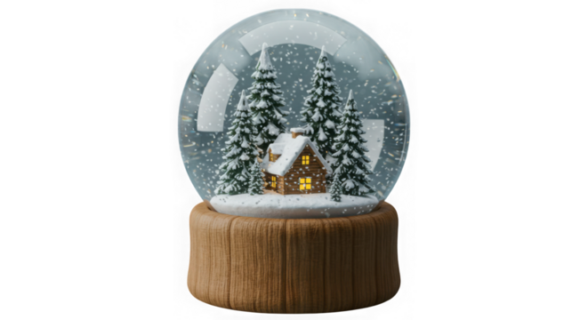 Snow globe with house and trees inside isolated on white background