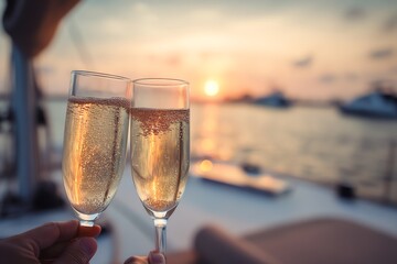 Cheers with champagne at sunset on a boat.