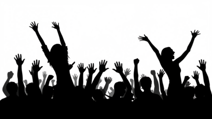 black white excited crowd with raised hands isolated on white background, PNG
