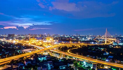 Supply chain logistics and transportation management in modern Bangkok cityscape at night.