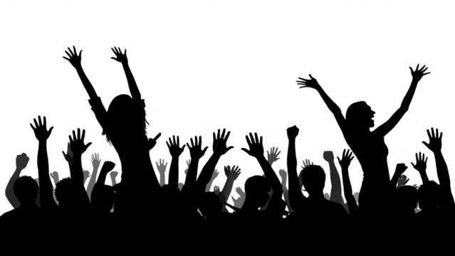 black white excited crowd with raised hands isolated on white background, PNG