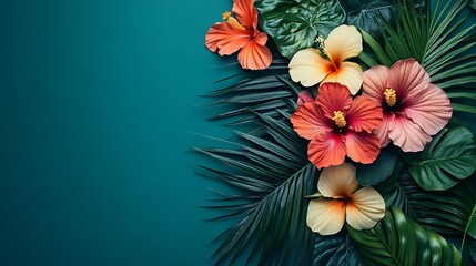 Tropical Hibiscus Flowers with Teal Background.