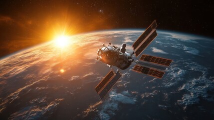 Obraz premium Stunning Satellite Orbiting Earth with Solar Panels and Vibrant Sunrise in Background from Space Perspective