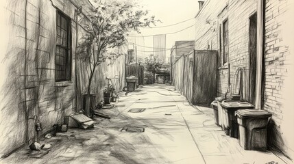 Fototapeta premium Serene Urban Alleyway with Plants and Trash Bins, Evoking a Quiet and Abandoned Atmosphere
