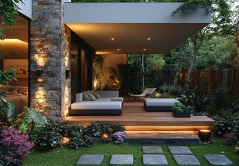 Obraz premium Modern outdoor living space at twilight. A contemporary patio area with comfortable seating, illuminated by warm lighting, leads into a lush garden