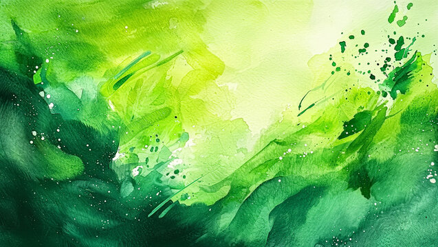 Energetic composition of vibrant greens in abstract watercolor scene capturing lushness of spring with dynamic brushstrokes and splashes of light tones adding airiness - Abstract Background with copys