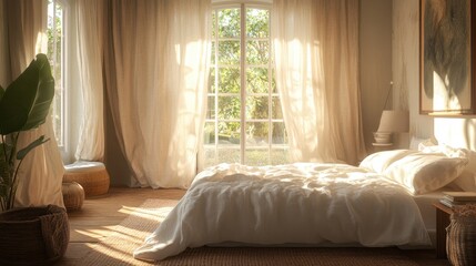 Cozy Sunlit Bedroom with White Bedding and Natural Light Pouring Through Elegant Curtains
