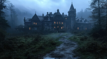 Obraz premium A creepy old house with a large tower and a path leading to it