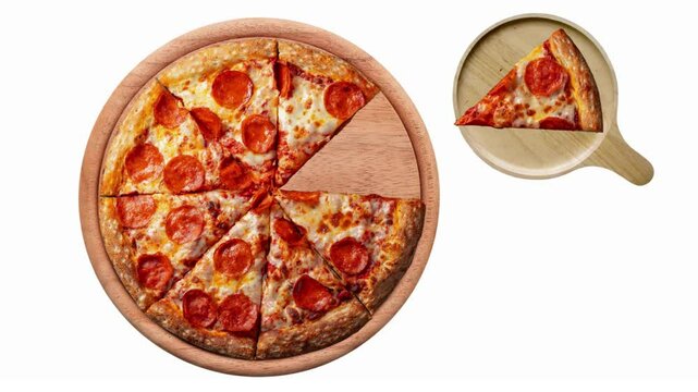 A video animation of a pizza on a round wooden tray being sliced and placed onto a wooden plate.