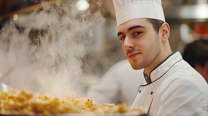 Focused young chef in a commercial kitchen.