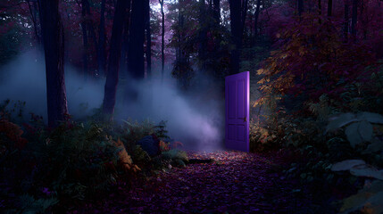 Fototapeta premium Glowing purple door in a dark forest with mist and foliage